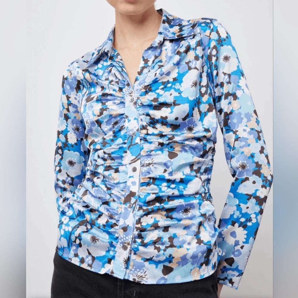 Rails Lisa Jersey Ruched Blouse in Blue Zinnia Floral Print Size L NWT New